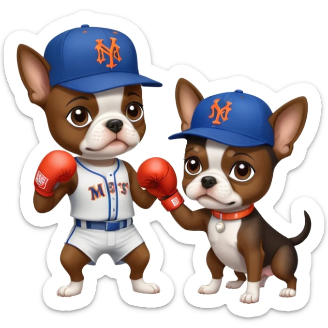 Brown Boston terrier wearing a New York Mets hat boxing a Yorkie with a New York Yankees hat sticker