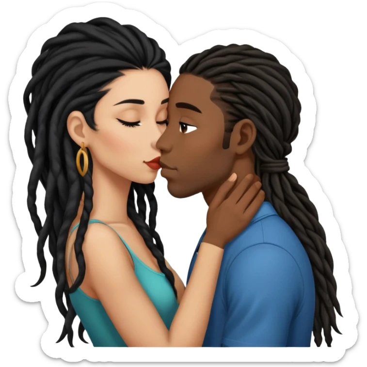 Latina Woman with long hair kissing a young black guy with dreads chin hair sticker