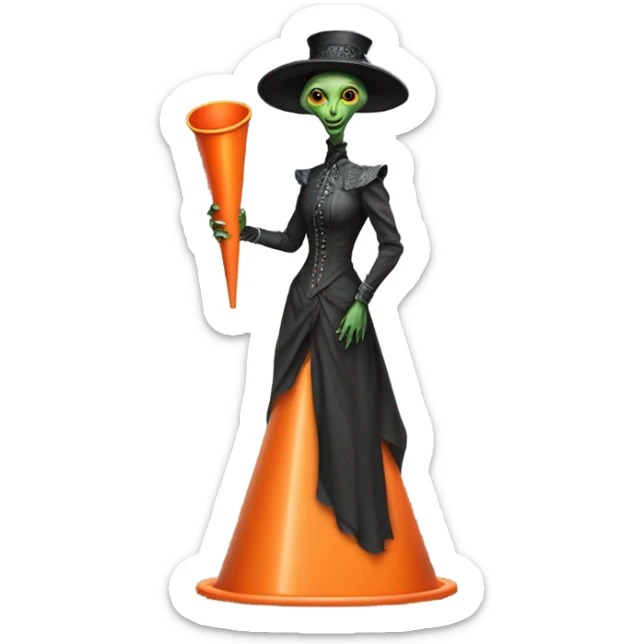 alien galora in Victorian dress elegant, full body, holding big traffic cone sticker