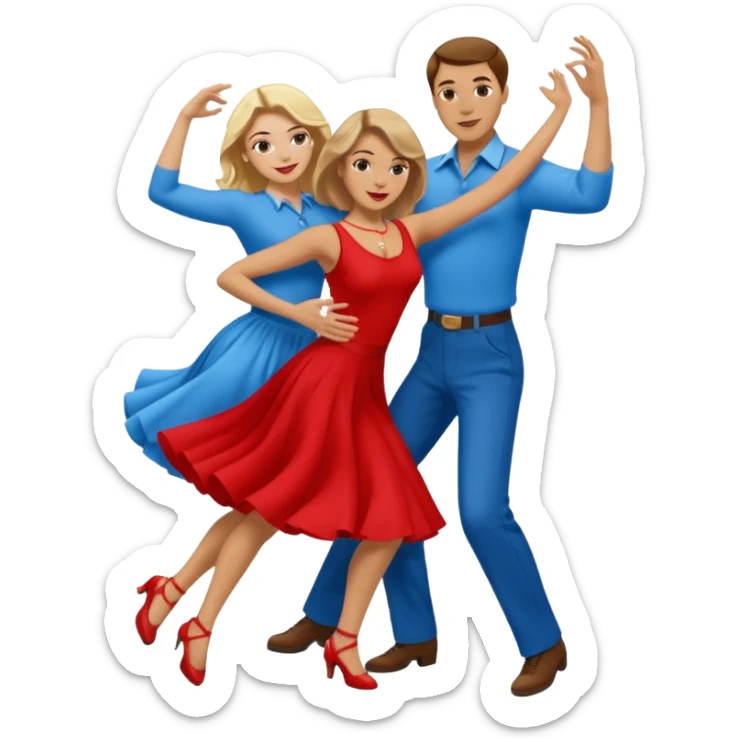 Two people. Man  wearing all red  with brown hair. Women iall blue with blond hair. Swing Dancing.  sticker