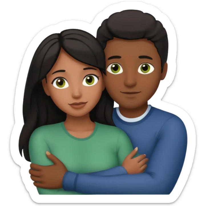 Couple embracing with arms around each other; black woman with brown eyes and lush hair, white man with brown hair and green eyes sticker