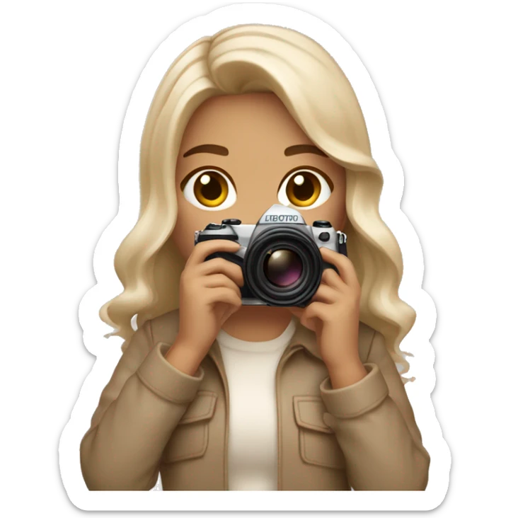 An aesthetic girl photographer holding a camera (in beige, neutral tones) light skin tone, mid hair length with light waves sticker