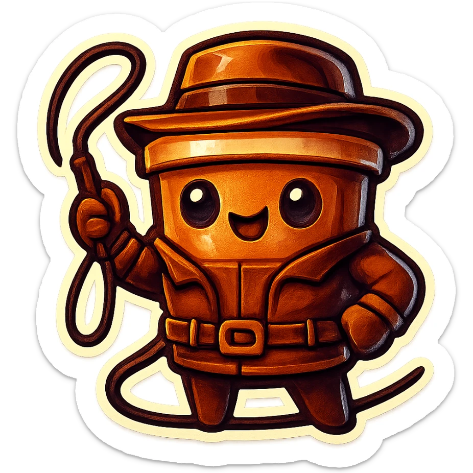 Tall coffee cup, dressed in leather holding a whip sticker