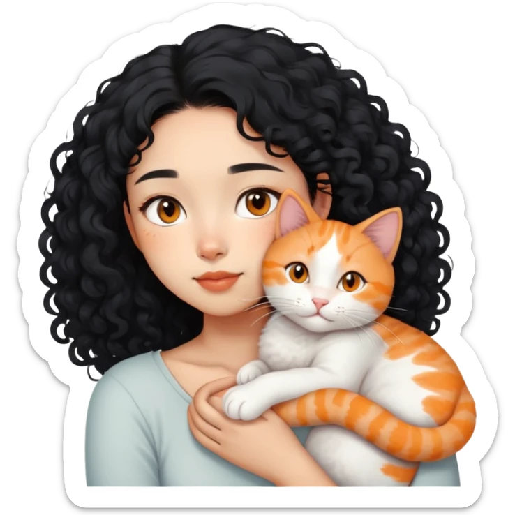 Asian girl with curly black hair and the cat is lying on her shoulder, cat is mostly white with orange markings, tender moment sticker