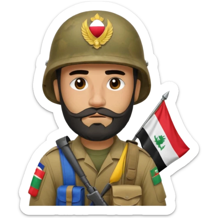 A very tired and sad, swarthy Iraqi soldier with a beard, an Iraqi flag on his helmet, a sad expression and bags under his eyes sticker