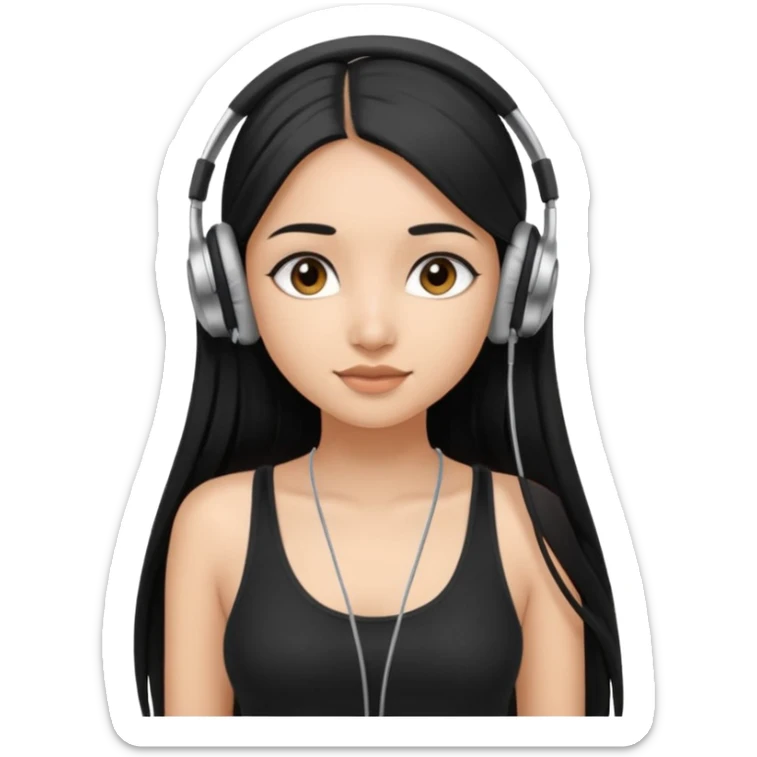 a fair INDIAN girl with straight black long hair, wearing a black cami top. and wearing silver  headphones on sticker