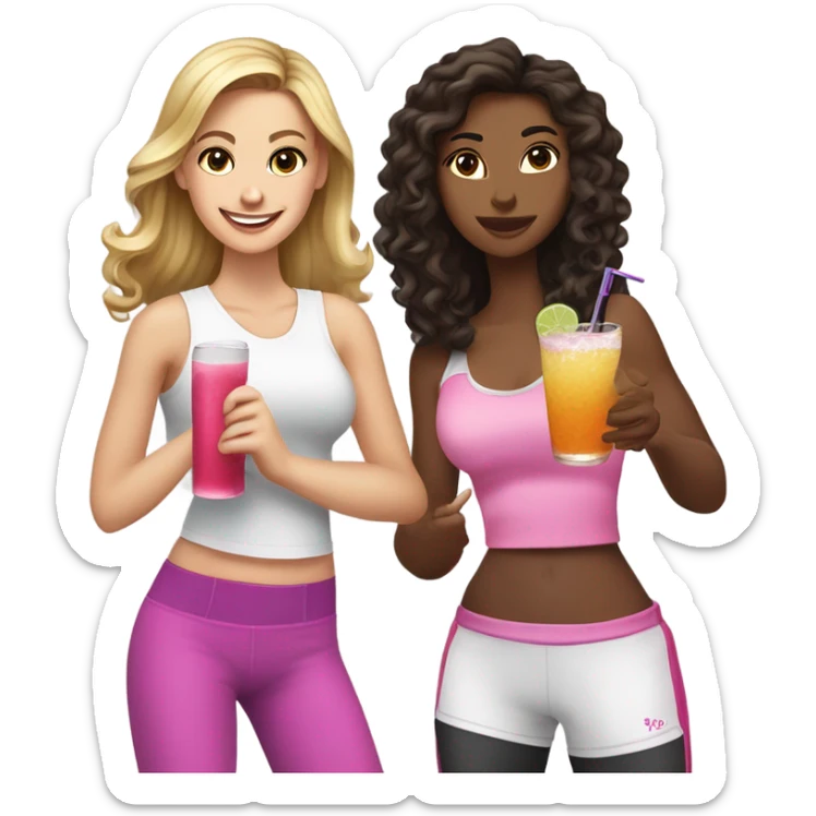 Long curly brown hair with blonde highlights, white skin with a cocktail and a beautiful brunette with a Yorkie and a beautiful blonde girl with pink boxing gloves and a white skin black hair girl white shirt working out sticker