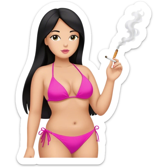 caucasian curvy girl in pink bikini, long straight black hair smoking  sticker