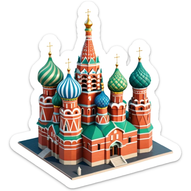 Isometric illustration of Moscow, featuring photorealistic Saint Basil's Cathedral with colorful onion domes, hand-drawn painterly details, subtle texture on bricks and roofs, realistic shadows and soft lighting, muted yet vivid color palette, diorama miniature effect. sticker