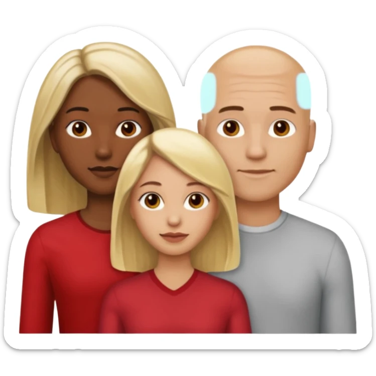 one male medium dark skin tone no hair and one woman light skin tone blonde highlights shoulder length hair and one woman light skin tone deep red long hair three people total sticker