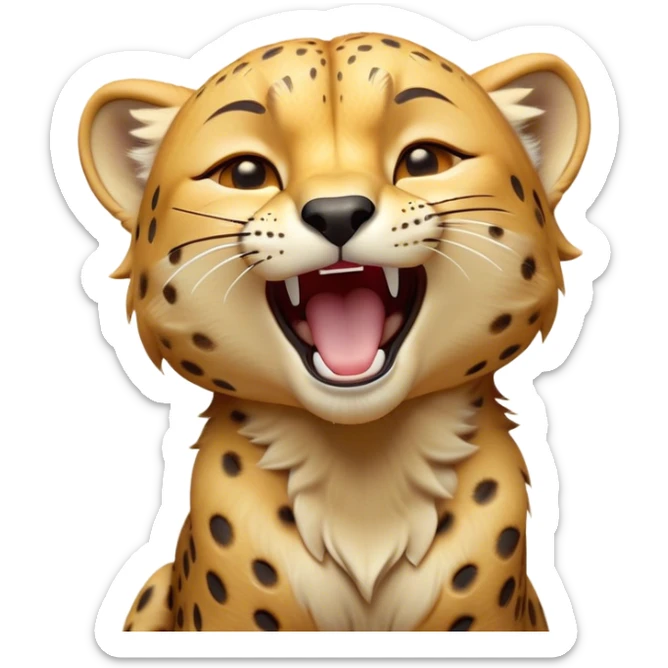 Cinematic Cute Yawning Cheetah Portrait Emoji, Head tilted slightly with a dramatic, wide-open yawn, showcasing a soft, sleek golden Fur with distinctive spots and floppy ears slightly drooping, round amber eyes barely open in drowsy contentment, Simplified yet irresistibly adorable features, highly detailed, glowing with a soft, cozy glow, high shine, relaxed yet expressive, stylized with a touch of savannah whimsy, bright and endearing, soft glowing outline, capturing the essence of a sleepy yet affectionate cheetah, so drowsy it feels like it could stretch right out of the screen and curl up for a nap! sticker