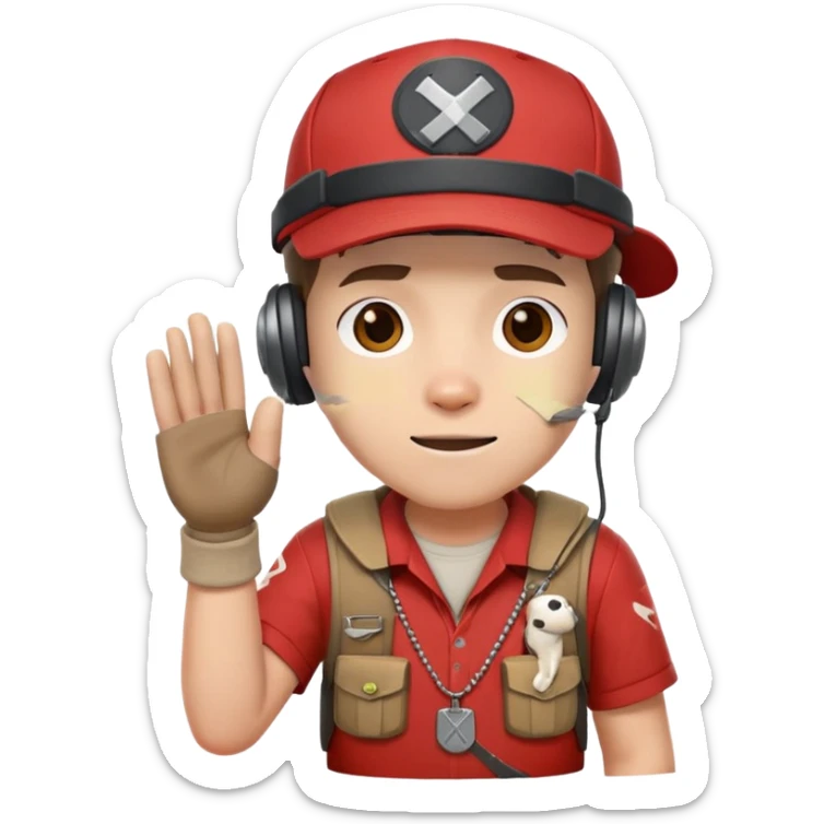 Team Fortress 2 Scout with red shirt, headset, baseball cap, dog tags, and bandages on hands sticker