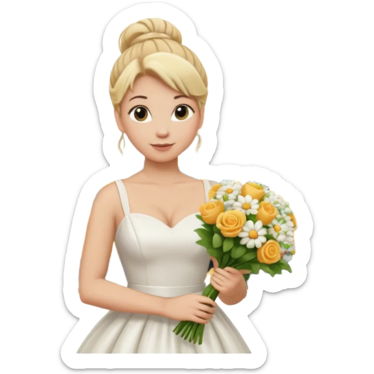 Chica blanca, cabello rubio, recogido en moño alto con mechones, vestido novia , cuerpo entero, ramo de flores en una mano, cola trasera sticker