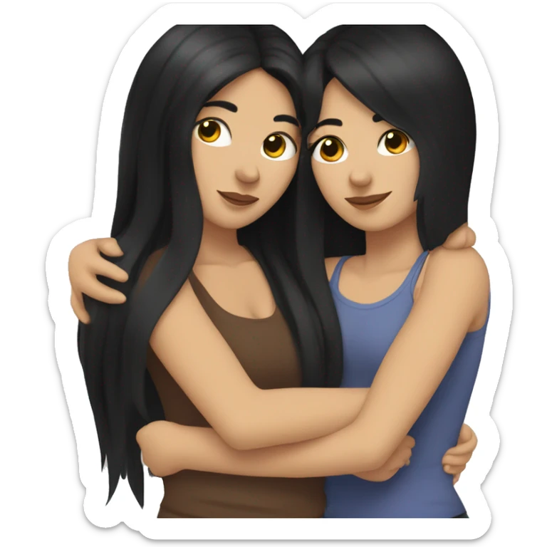 Lesbian with long black hair and white skin hugging her girlfriend from behind sticker