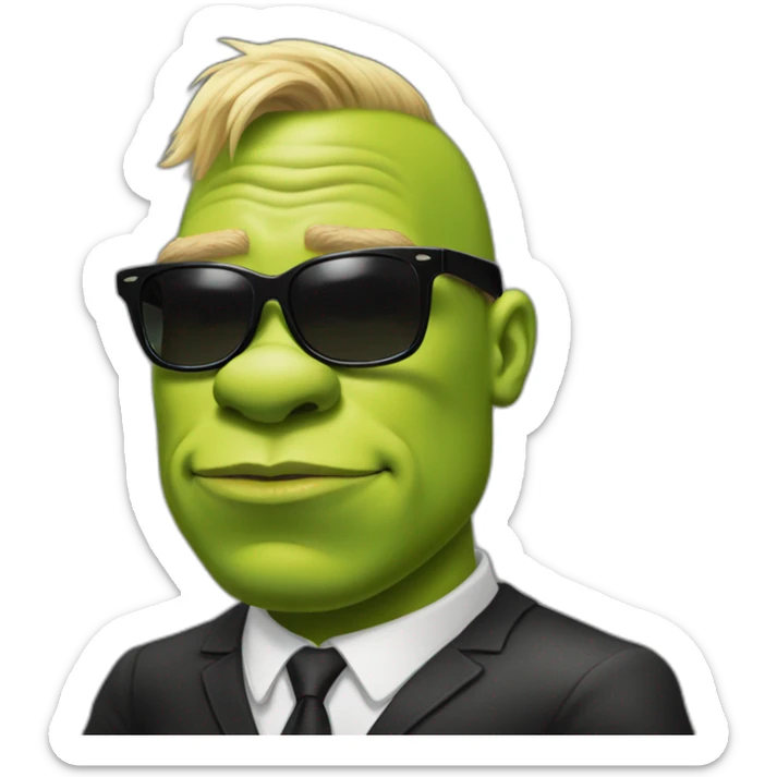 shrek kissing with white-guy-wearing-suit-with-short blonde-hair-and-black-sunglasses sticker