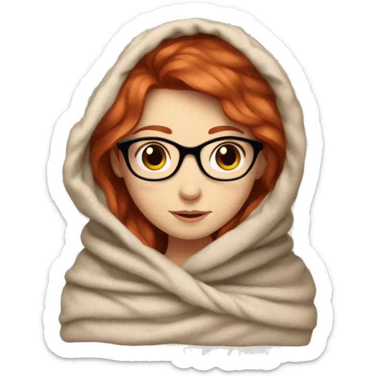 Girl with red hair and pale skin, brown eyes wearing glasses in a cozy blanket  sticker