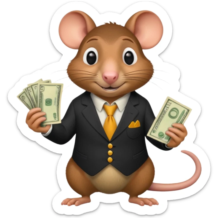 roddy the rat from the movie Flushed Away, holding cash sticker