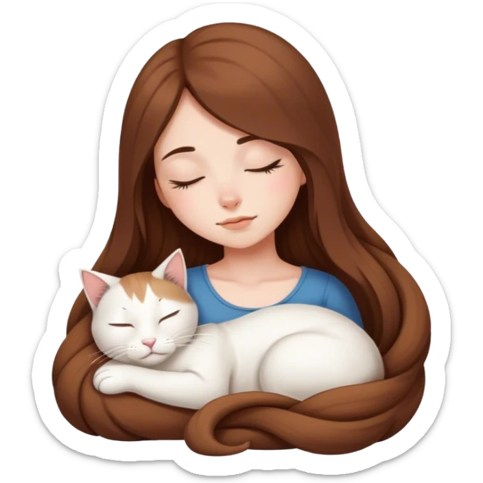 A pretty white girl with very long brown hair and sleeping curled up to a white cat  sticker