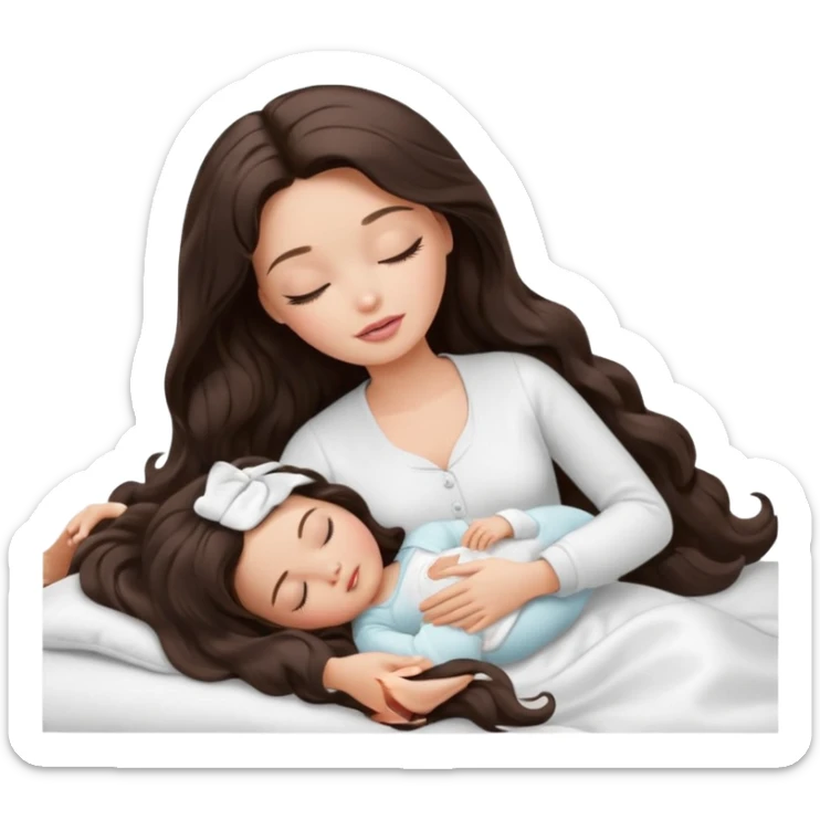 White Barbie girl dark brown long wavy hair in white clothes sleeping with white baby at cream bed, eyes are closed sticker