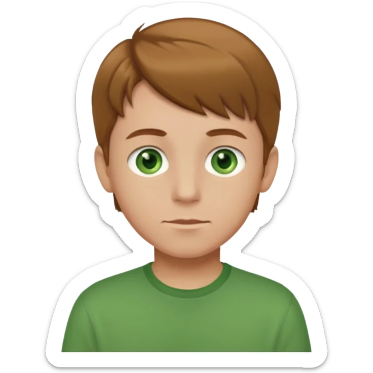 boy with light brown hair and green eyes with green shirt sticker