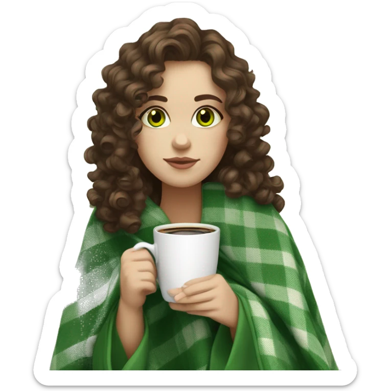 Brunette Slavic white girl green eyes medium curly hair with a coffee cup and blanket  sticker