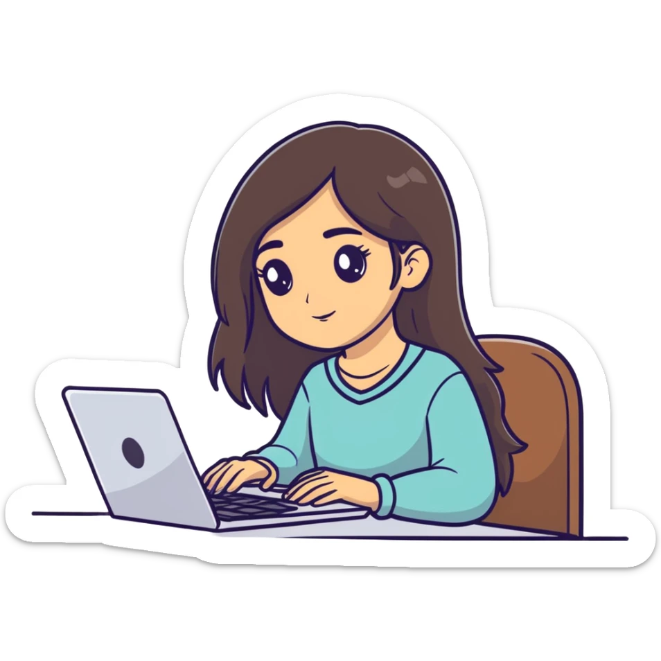 Beautiful Armenian girl, brunette, long hair, Black eyes, typing on laptop sticker