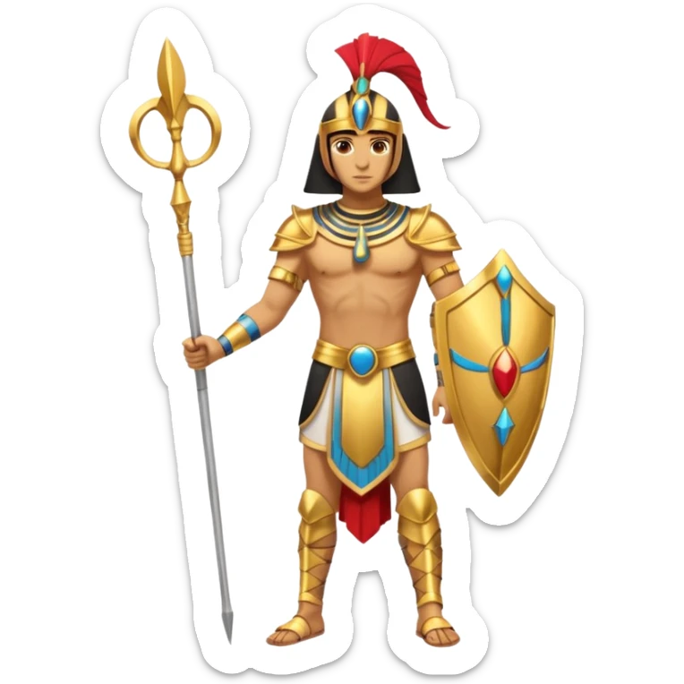 fullbody egyptian ancient soldier with spear and golden armor, gold spear, gold helmet, no shield, only gold colors, no red or blue sticker