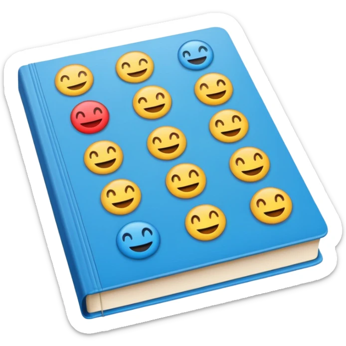 A textbook with the letters of "emoji" on its cover, where the word "emoji" is split into multiple individual letters for use. sticker