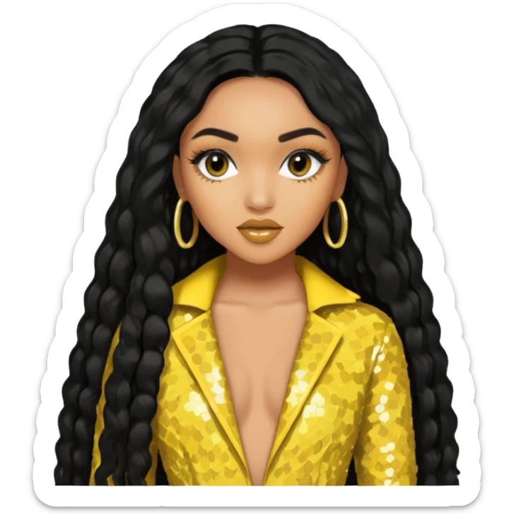 Leigh-Anne Pinnock from Little Mix with long black hair, yellow sequin outfit sticker