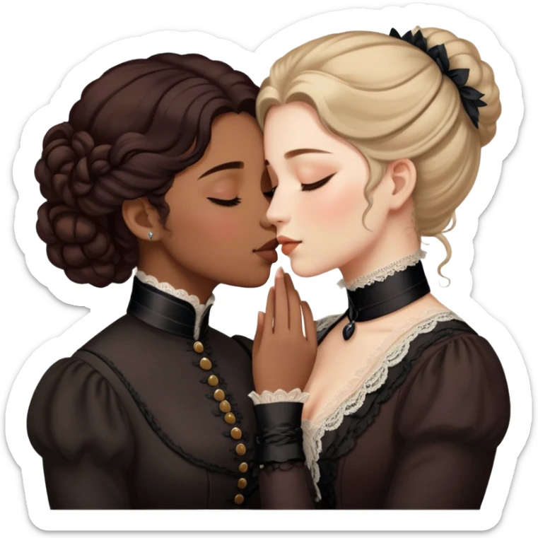 Victorian era lesbian couple kissing tenderly, eyes closed, different hair colors, wearing elegant dark period clothing sticker