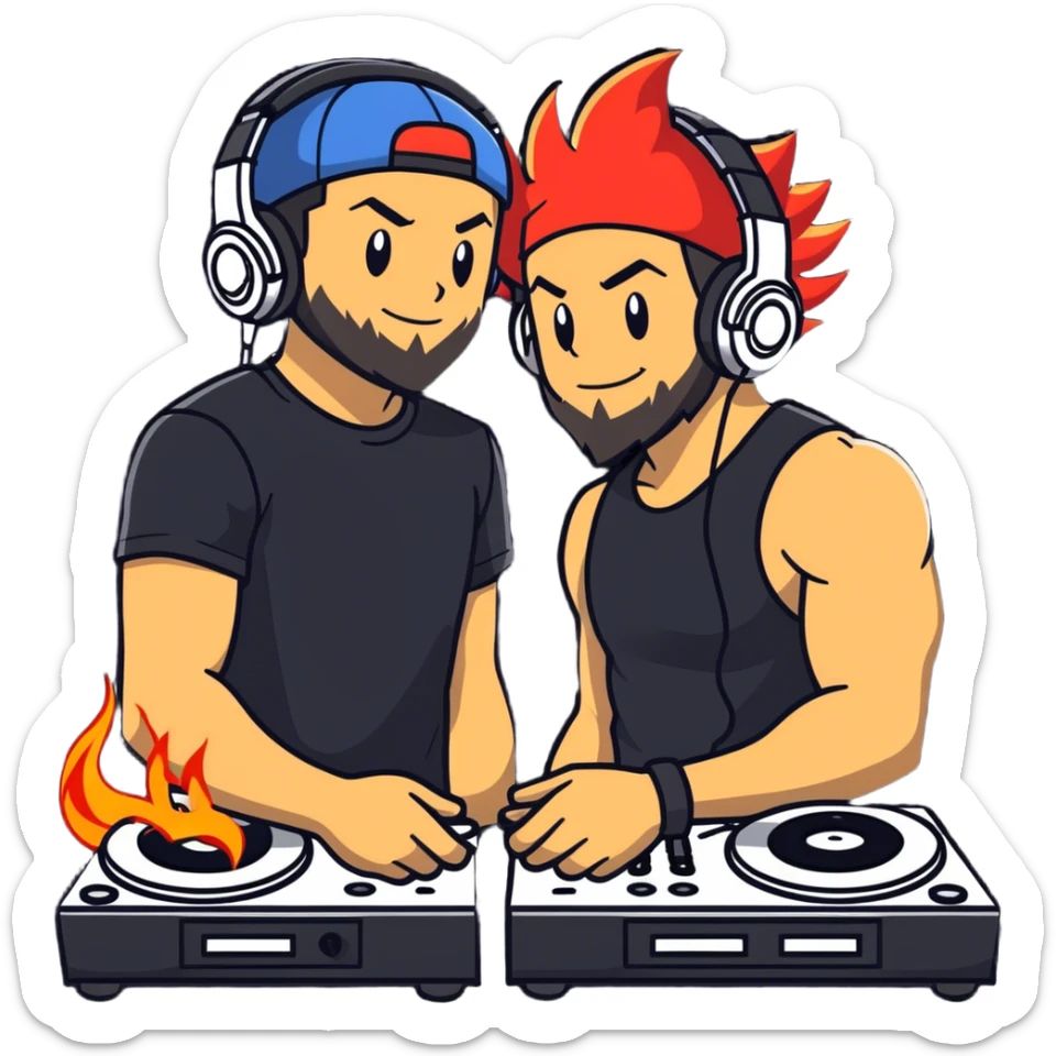 Hot handsomeb muscular 6ft tall smiling happy ash ketchum being a  dj and his music is on fire while kissing a friend who has a beard sticker