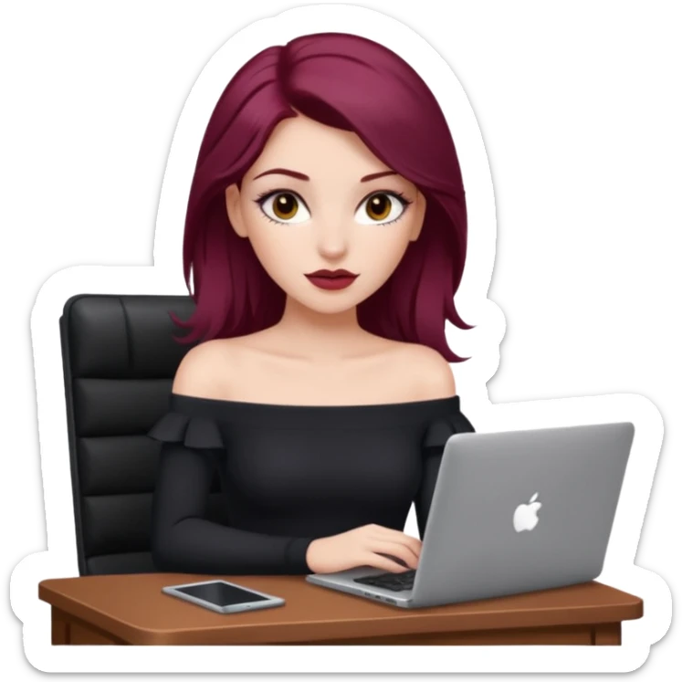 white girl, long blow-out style with middle part, burgundy hair, brown eyes, long eyelashes, full lips, off the shoulder black fitted top, laptop in front  sticker