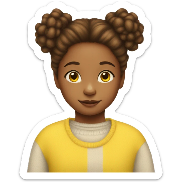 10 year old girl with brown fluffy hair in buns with a yellow yellow kitty jumper sticker