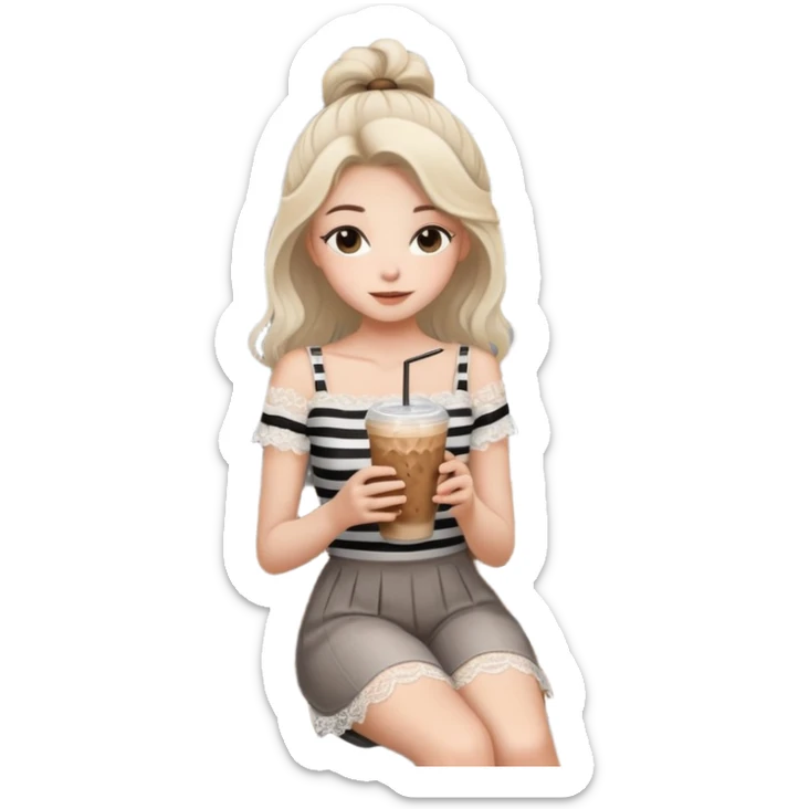 Minimalist girl holding an iced coffee in a chic cafe setting, white lace top, soft natural hair, modern gray striped wall, wooden bench, aesthetic and cozy mood ☕🌿🤍” sticker