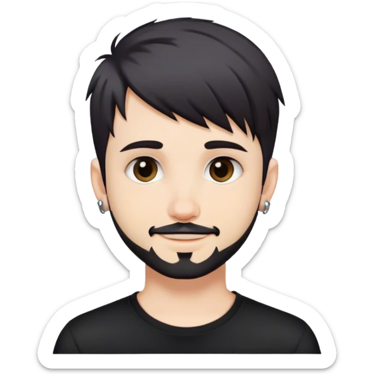 Cute white male, short dark colored hair and facial hair, nose and lip piercing, emo smiling sticker