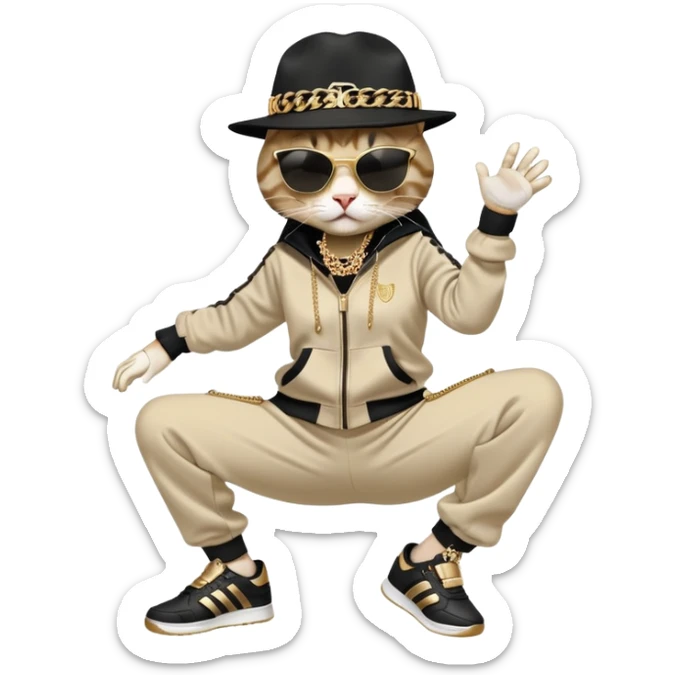 female cat dressed like Run DMC in tracksuit, fedora, Adidas shoes, dark sunglasses, lots of gold chains and bling accessories, break dancing sticker
