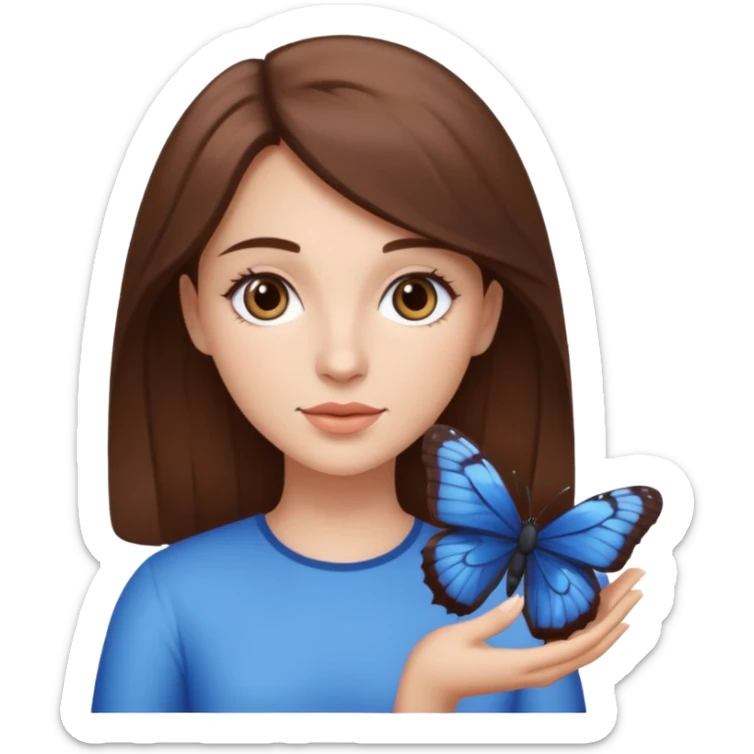Cabelos de cor morro uma mulher branca com uma borboleta na cor azul escuro sua mão sticker