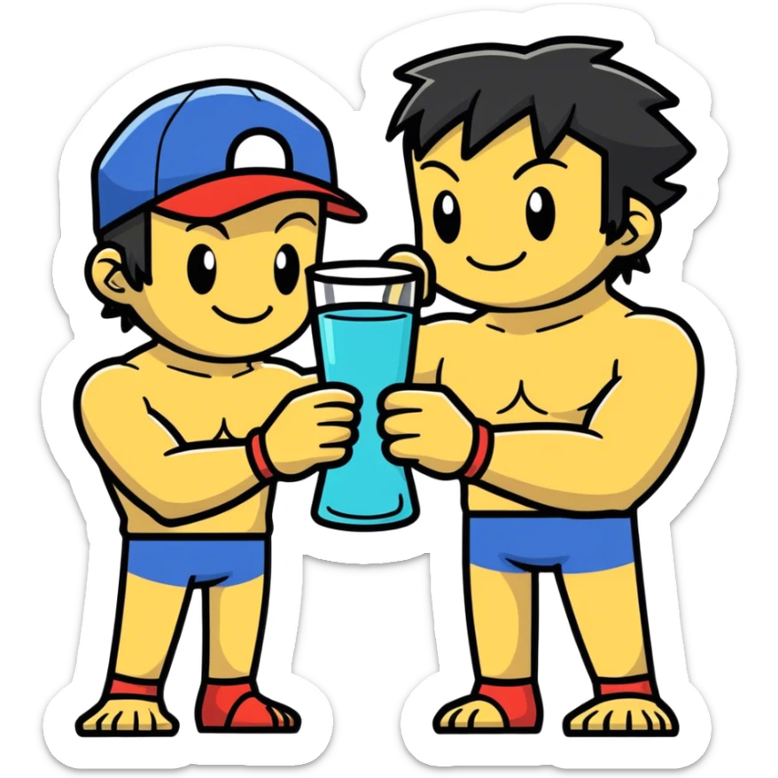 Hot handsome muscular 6ft 5inch tall smiling happy fun shirtless Ash Ketchum hugging his best friend while using a glass in the shape of a traditional beaker sticker