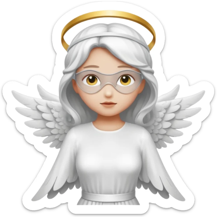 angel with white blindfolds on eyes don't show eyes, white dress, light gray skin and  two large wings sticker