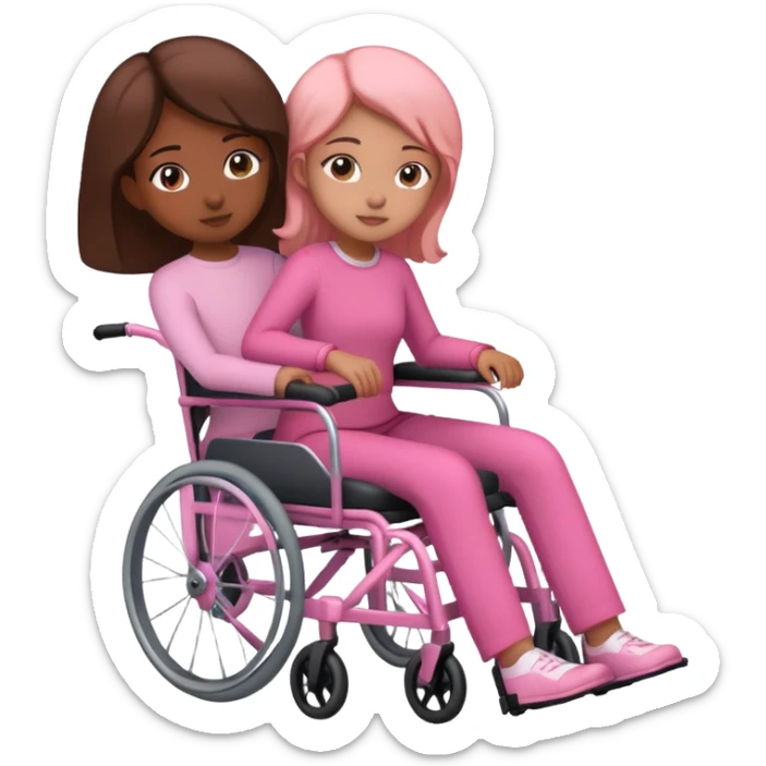One peach skin sister pushing her brown skin sister in a pink wheelchair sticker