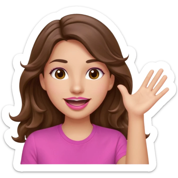 girl with long wavy brown hair, brown eyes, light to medium complexion, in a pink shirt, pink lips, long lashes, puckered lips, both hands all the way upin the air cheering sticker