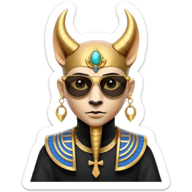 3D cartoon horned character portrait, wearing sunglasses, gothic ancient Egyptian style, pharaoh collar, dark gold and black outfit, ankh symbols, Egyptian jewelry, mysterious expression, soft dramatic lighting, centered, clean background, no text, no watermark sticker