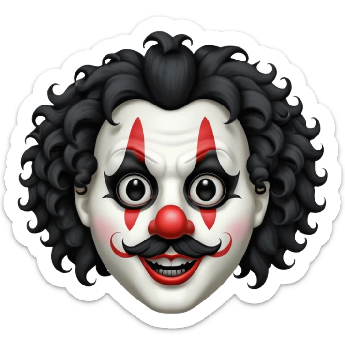 generate white clown mask emoji with a big curly black hair 

black coloured  lips and no teeth, no red nose but instead long and pointy white nose with no nostrils, pitch black eyes with no pupils, no brows sticker