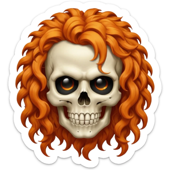 cinematic realistic Megadeth iconic mascot skull orange curly hair sticker