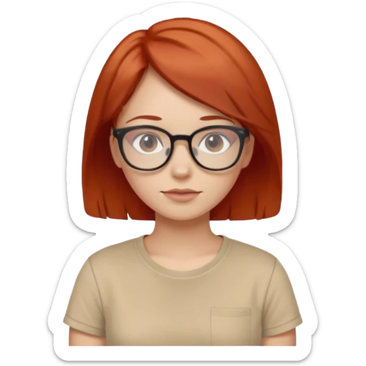 girl short-layer-red-hair wear beige T-shirt, wear glasses sticker