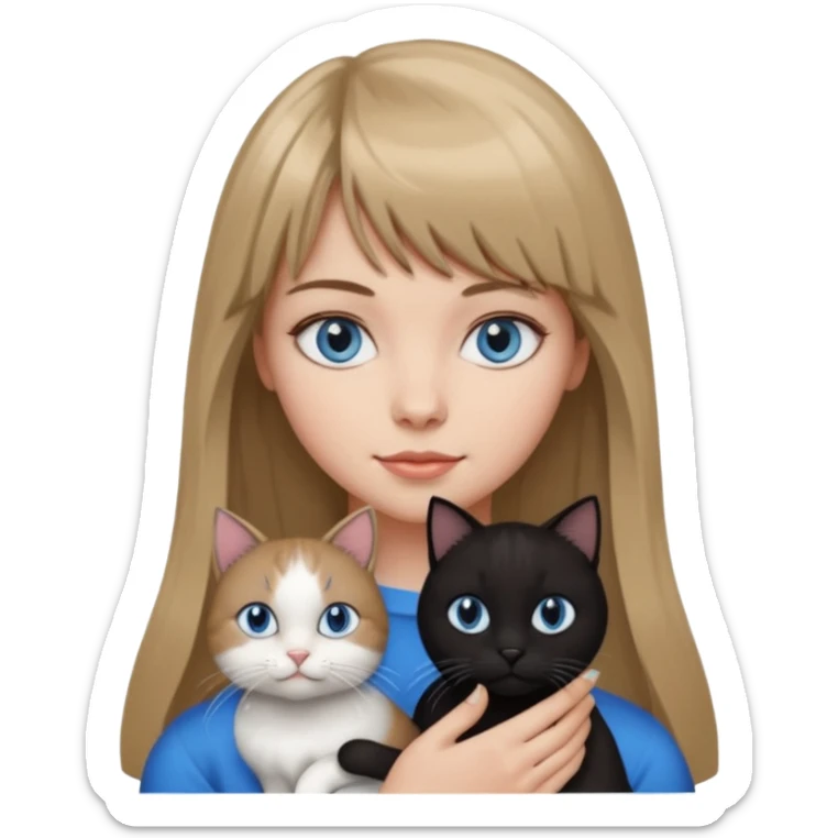 Apple-style emoji sticker of a young woman with long dark blond hair and bang, blue eyes , holding a black and white cat sticker