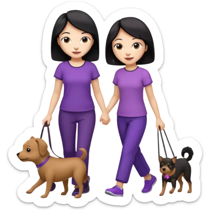 black hair Chinese woman wearing purple top and black pants walking a small brown dog sticker