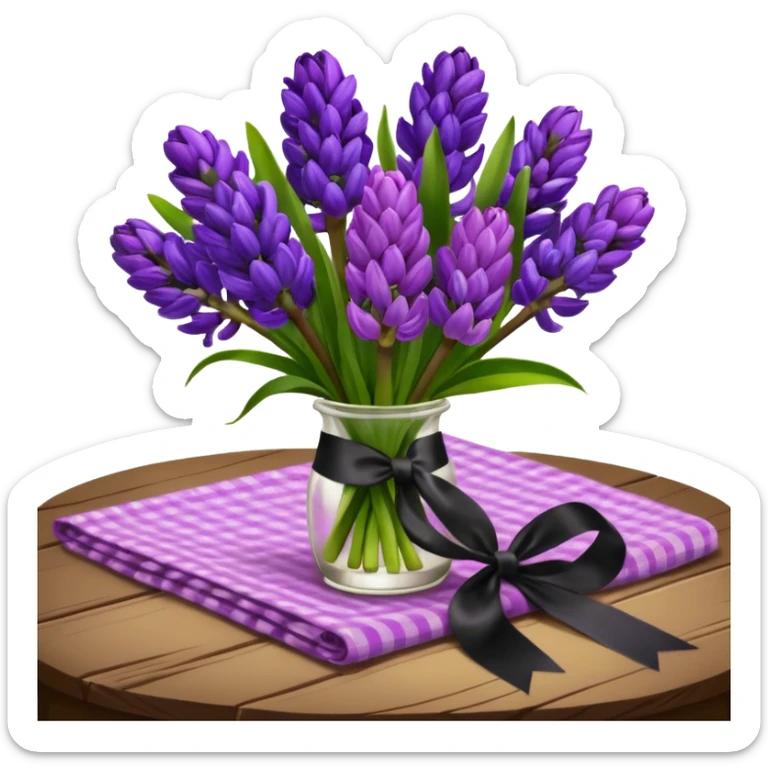 A lush bouquet of bright prple color Hyacinths black satin ribbon, resting on an antique wooden table, with a pale yellow and pink plaid pattern table cloth sticker