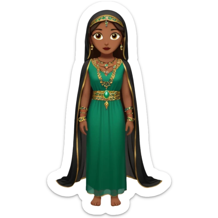 Mujer joven, morena, de gran belleza y porte misterioso.
 mirada intensa, labios marcados.
 Negro, largo, suele ir cubierto parcialmente por un velo
 Ropa de inspiración árabe: túnica colorida (rojo, dorado, verde esmeralda), con detalles dorados, brazaletes y pendientes. que se ve cuerpo entero sticker