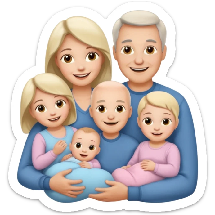 Family emoji with a mom and a dad, an older sister and two young twins sticker